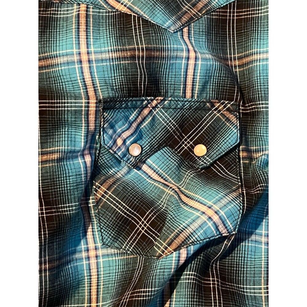 Wrangler Shirt Mens XL Blue Plaid Short Sleeve Pearl Snap Button Western Casual - Picture 7 of 7